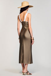 Olive Etui Midi Kleid für Hochzeitsgäste mit Rundhalsausschnitt